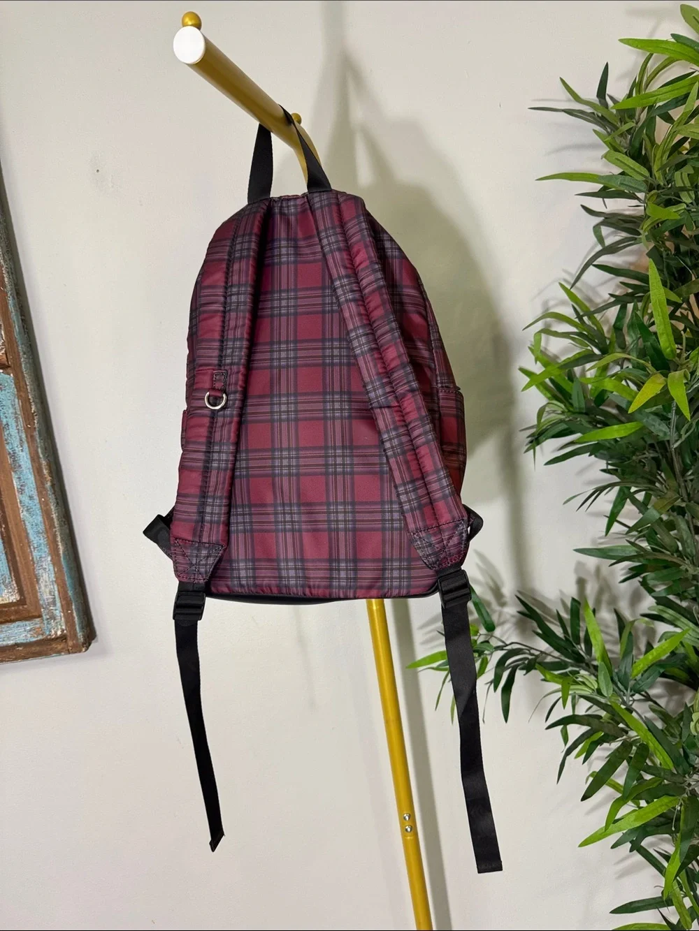 Madden NYC Burgundy Plaid Backpack with Front Zip Pocket shiny silver hardware